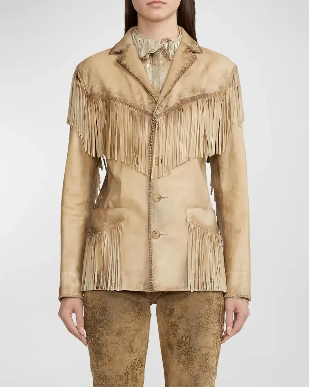 Mottled Beige Leather Fringe Bryleigh Jacket