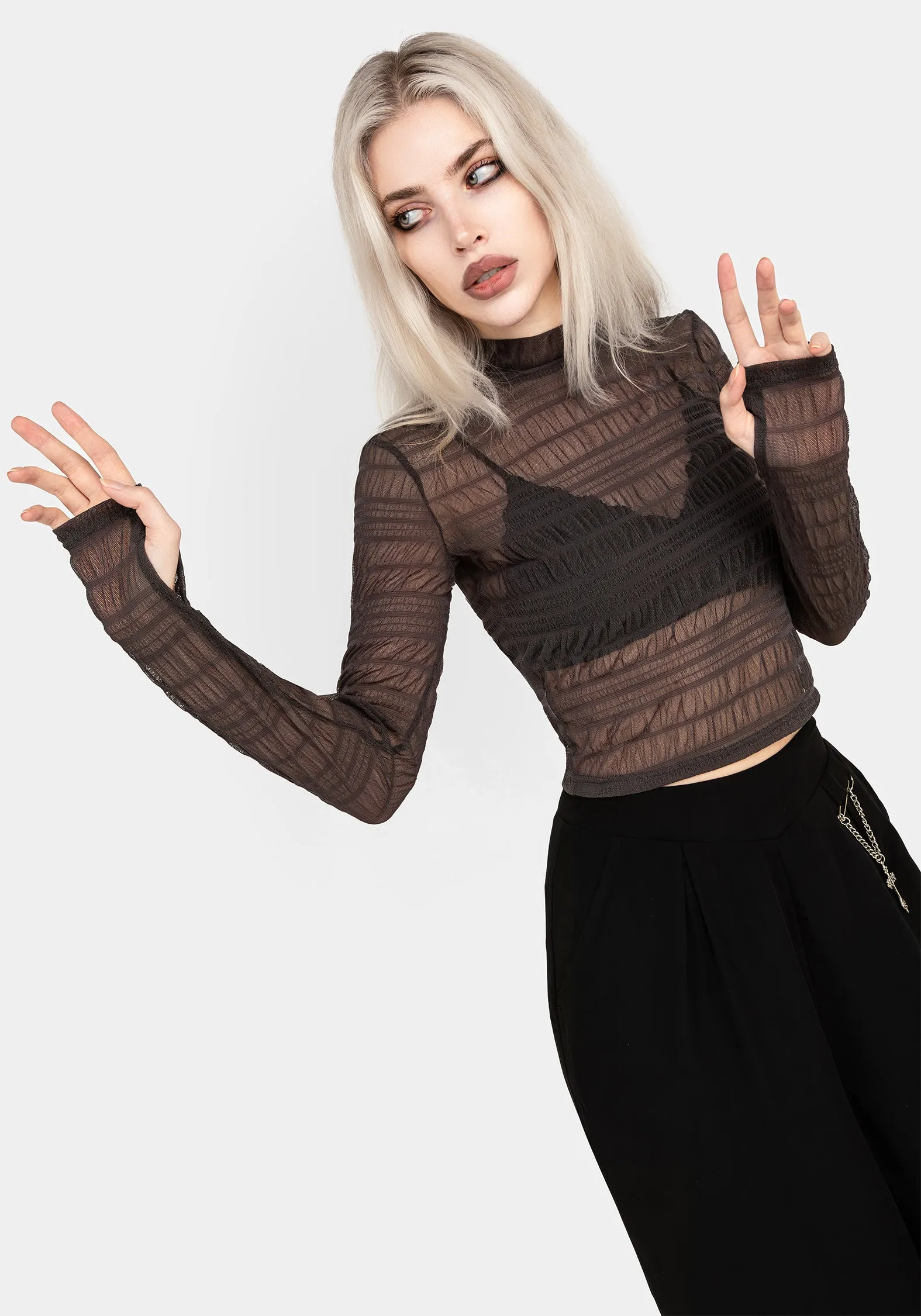 Myra Textured Mesh High Neck Long Sleeve Top