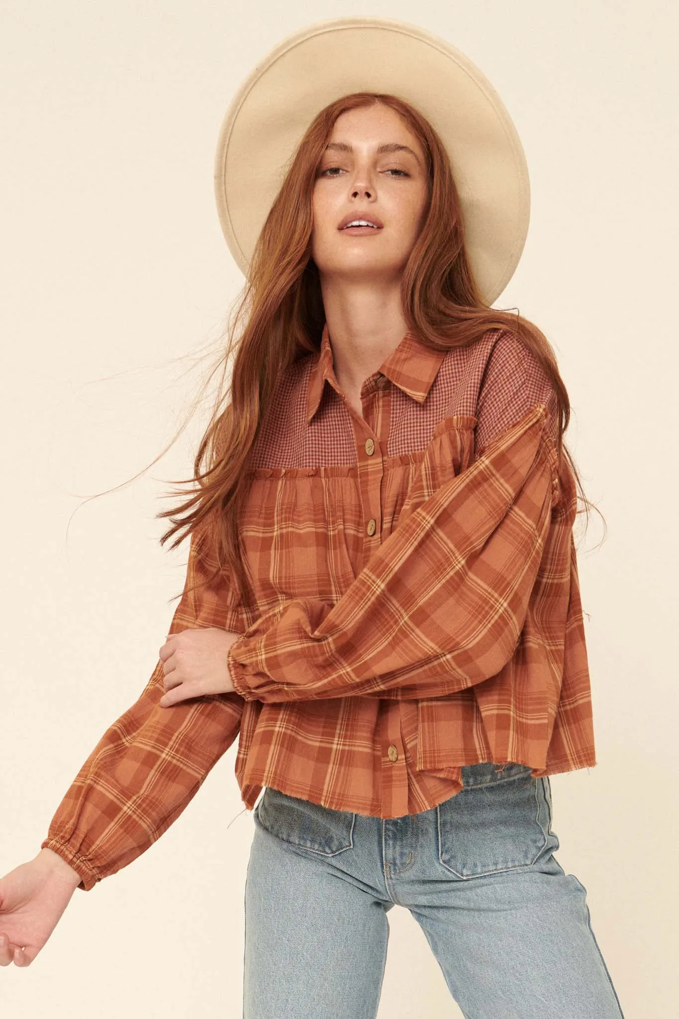 Orchard Hill Buttoned Plaid Peasant Top