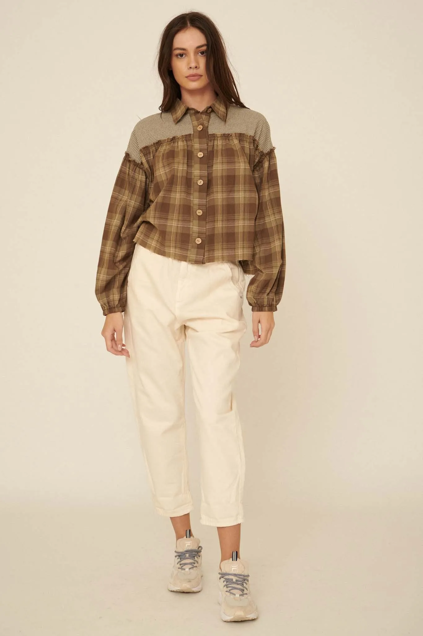 Orchard Hill Buttoned Plaid Peasant Top