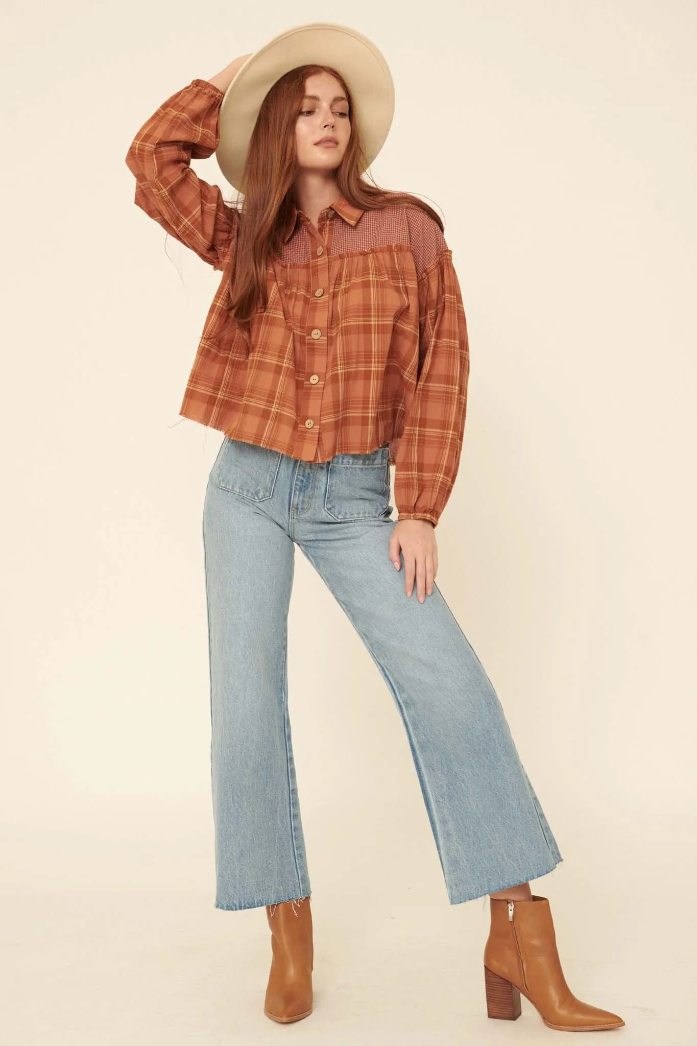 Orchard Hill Buttoned Plaid Peasant Top