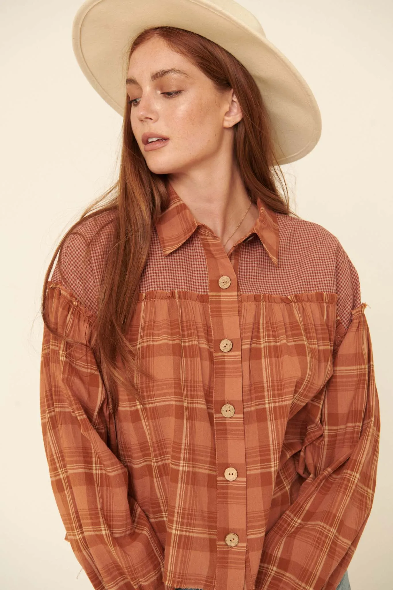 Orchard Hill Buttoned Plaid Peasant Top