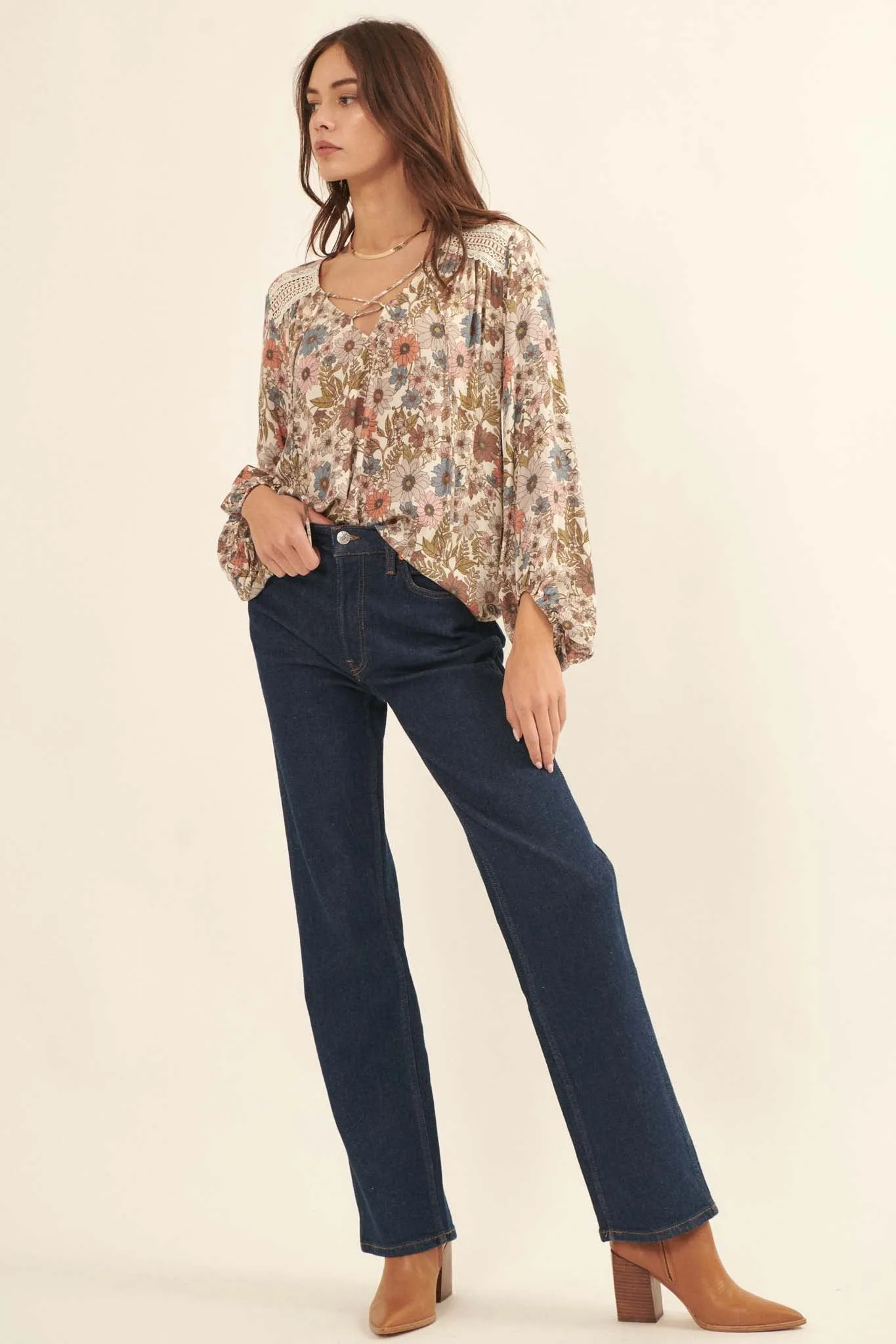 Over the River Floral Lace-Up Peasant Top