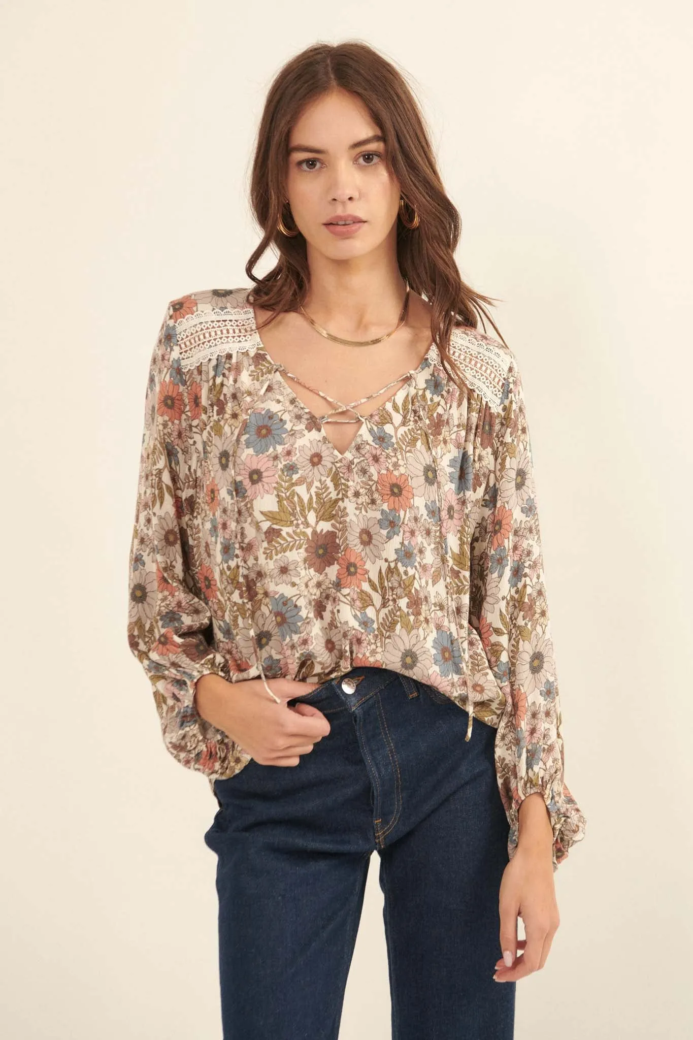 Over the River Floral Lace-Up Peasant Top