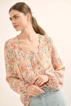 Painter's Soul Floral-Print Lace-Up Peasant Top