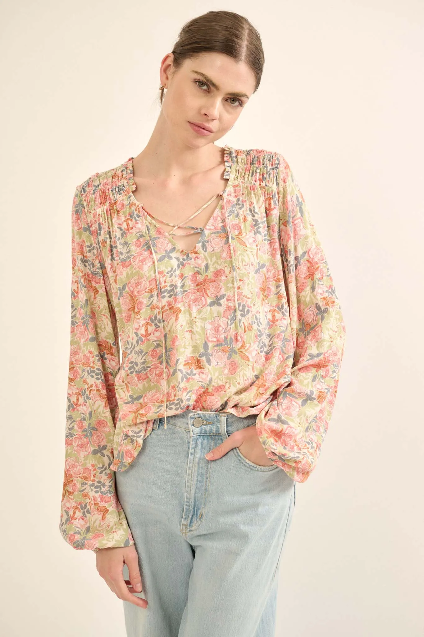 Painter's Soul Floral-Print Lace-Up Peasant Top