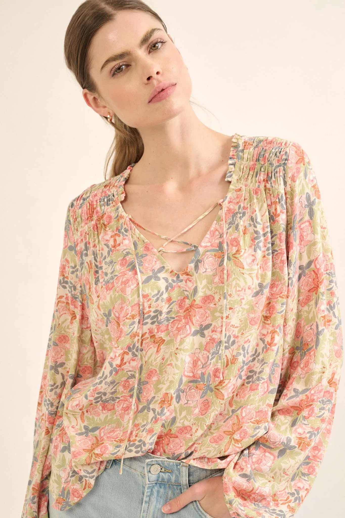 Painter's Soul Floral-Print Lace-Up Peasant Top