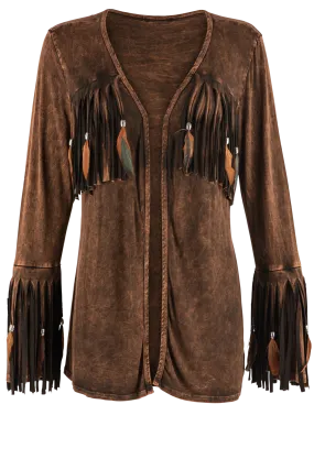 Pat Dahnke Feather Fringe Shawl Jacket - Brown