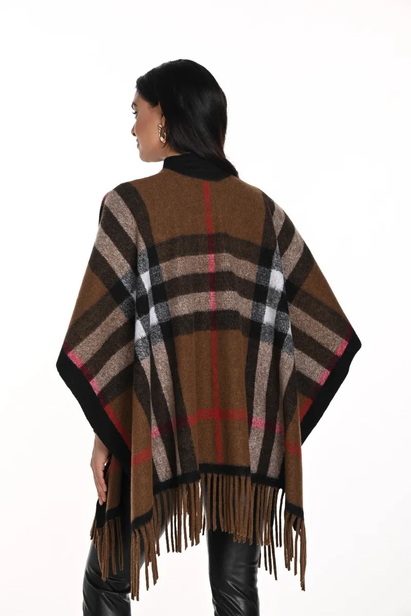 Plaid Print Fringed Cape