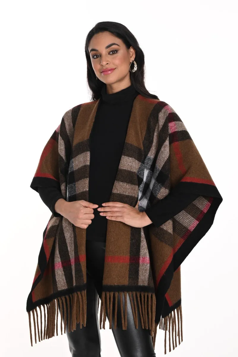 Plaid Print Fringed Cape