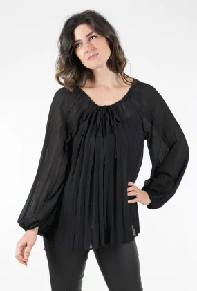 Pleated Peasant Top, Black