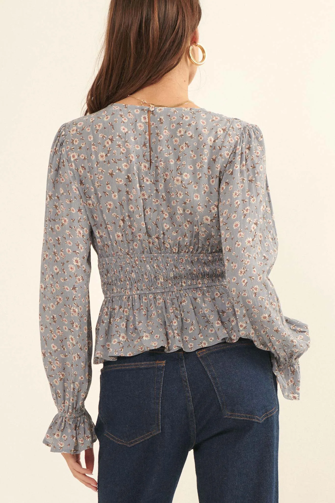 Prairie Blossoms Smocked Floral Peasant Top