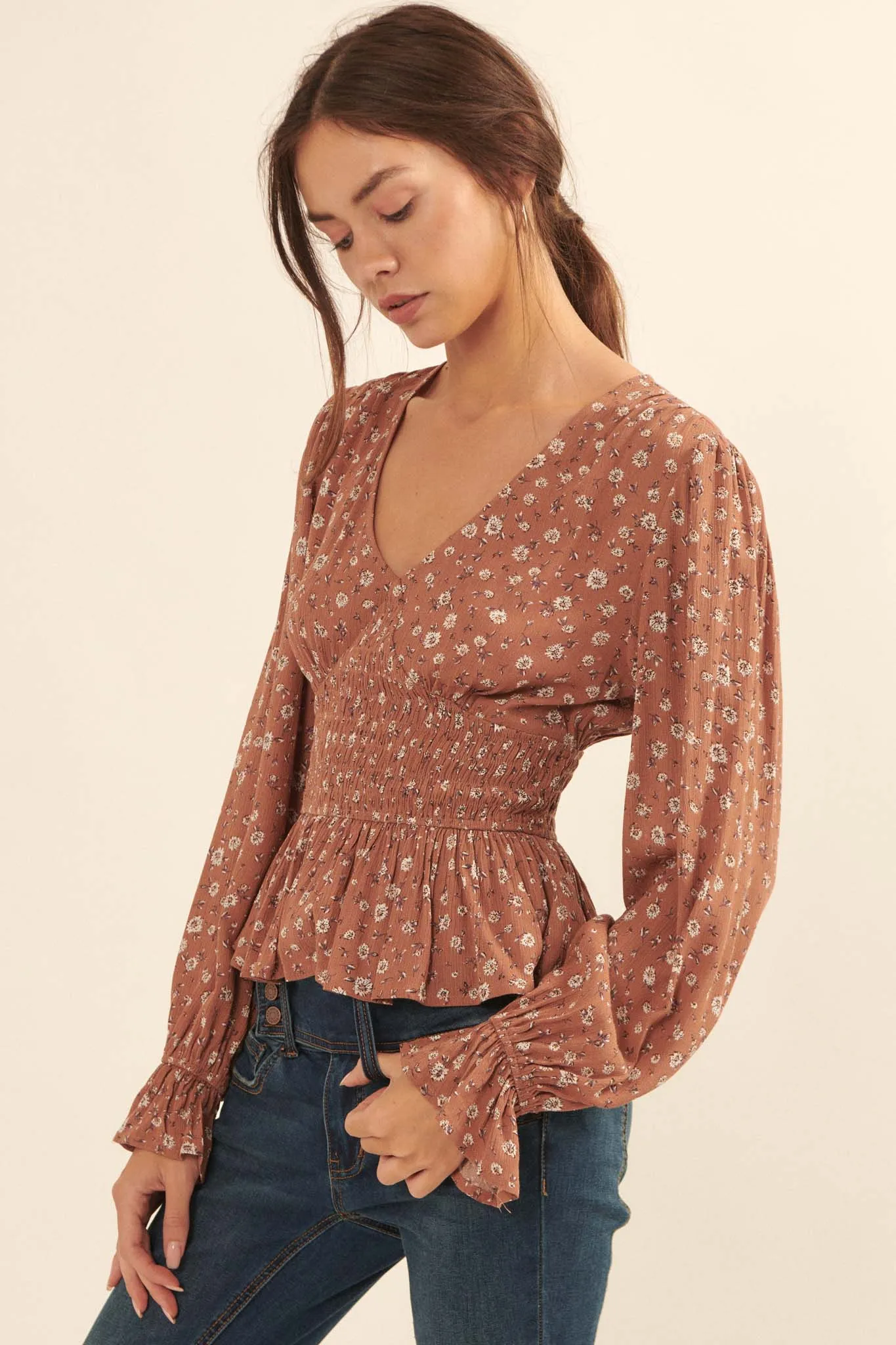 Prairie Blossoms Smocked Floral Peasant Top