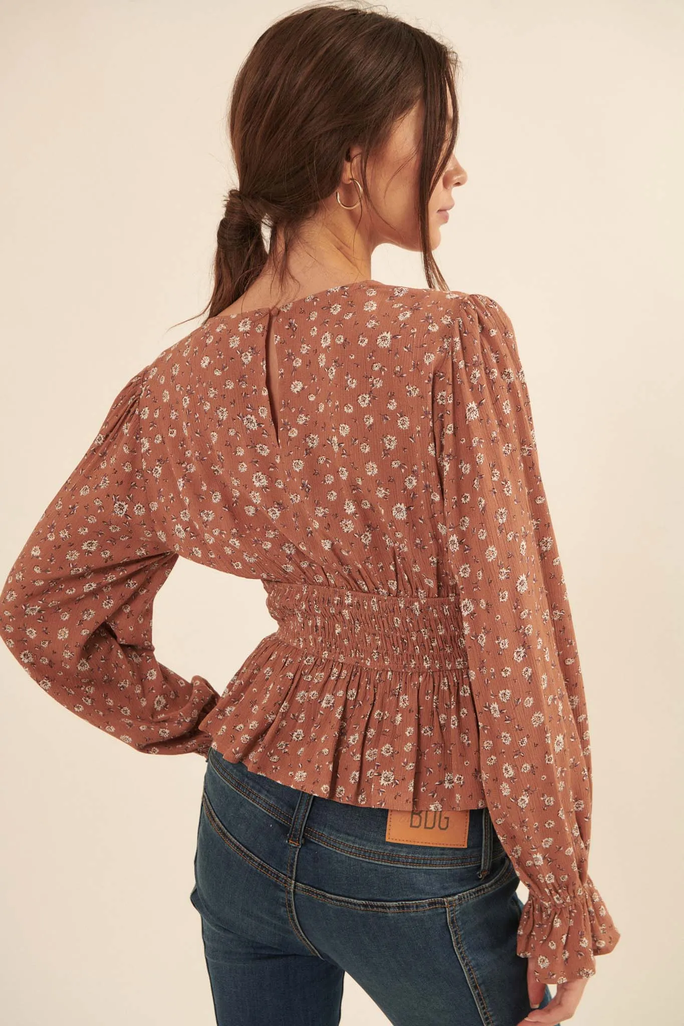 Prairie Blossoms Smocked Floral Peasant Top