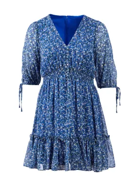 Puff Sleeve Blue Floral Dress