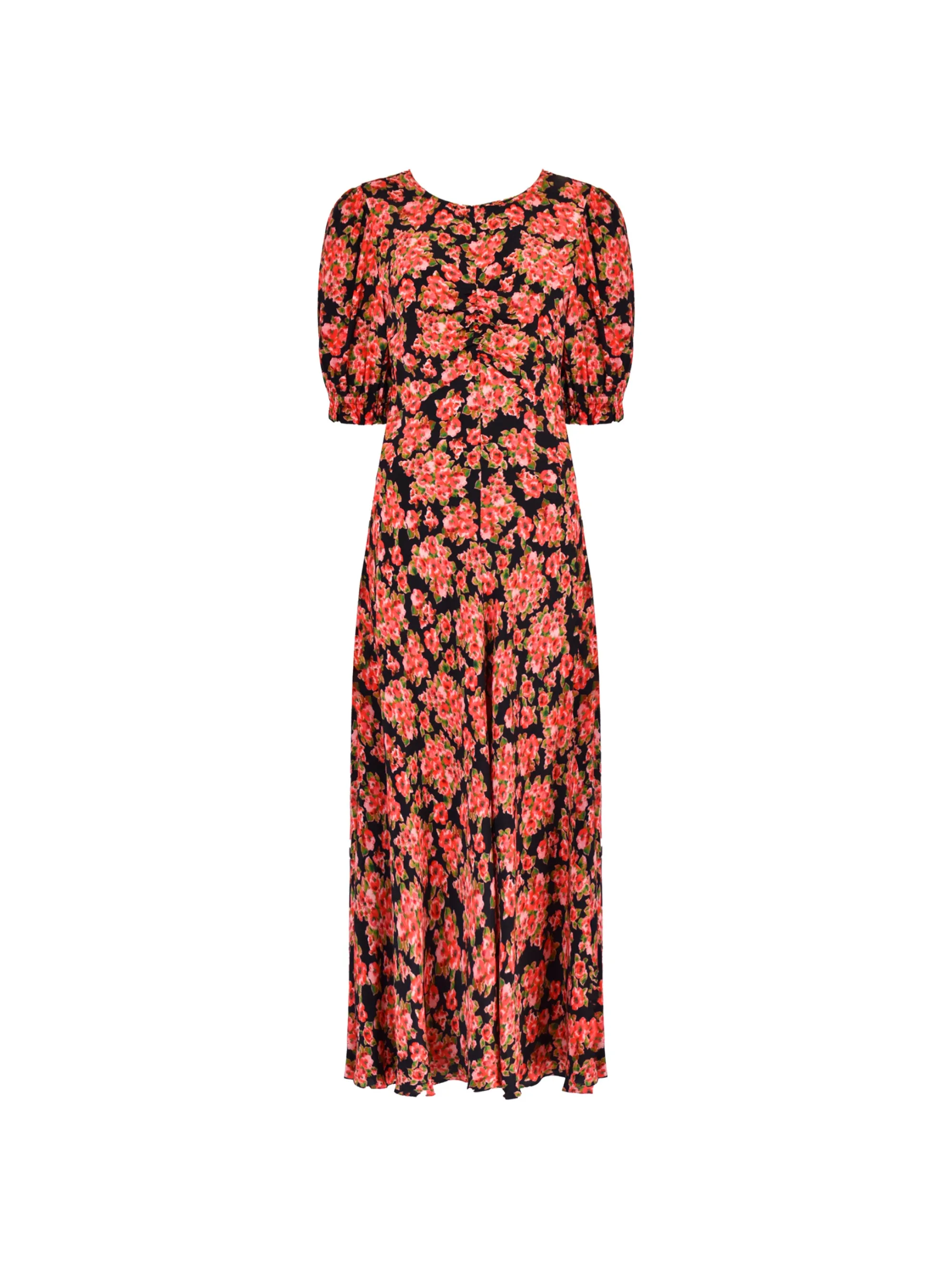 Red Rose Print Ruched Front Midi Dress