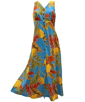 Retro Pineapple Morning Blue Button Front Tank Dress