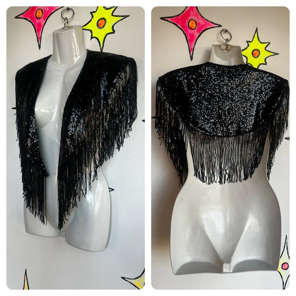 Retro Western Cape Embellished Black Sequin Fringe Collar