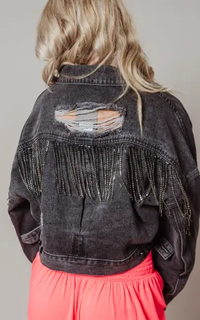 Rhinestone Fringe Denim Jacket - Charcoal - Final Sale*