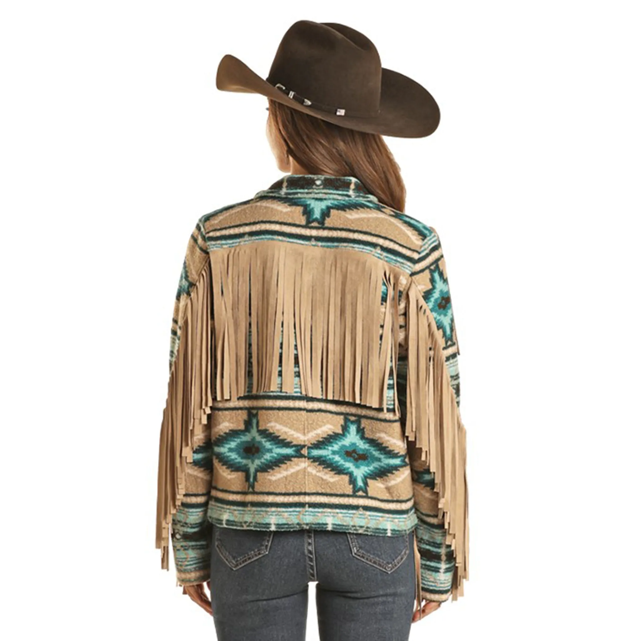 Rock & Roll Women's Turquoise and Tan Aztec Fringe Berber Jacket