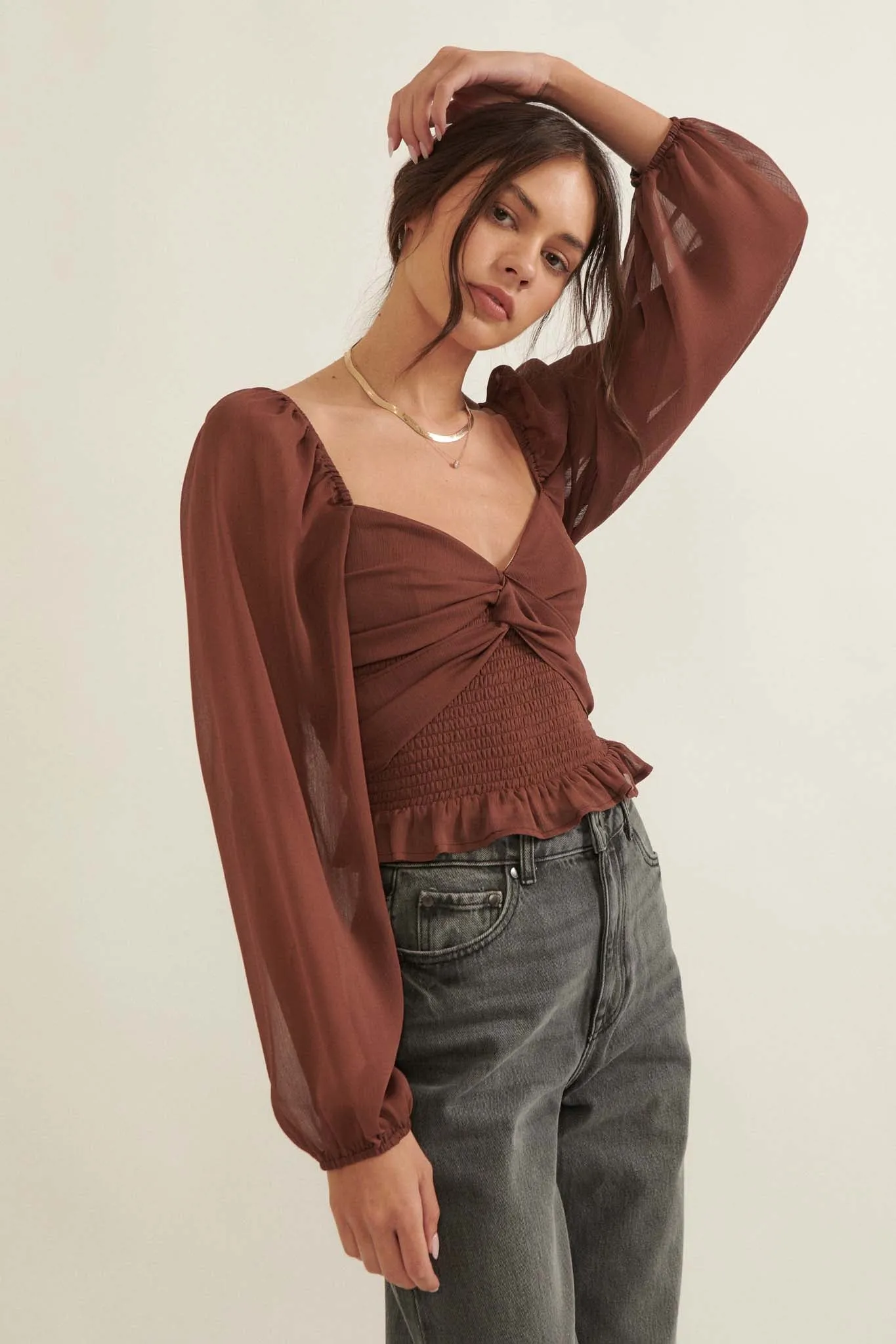 Romance Language Smocked Chiffon Peasant Top