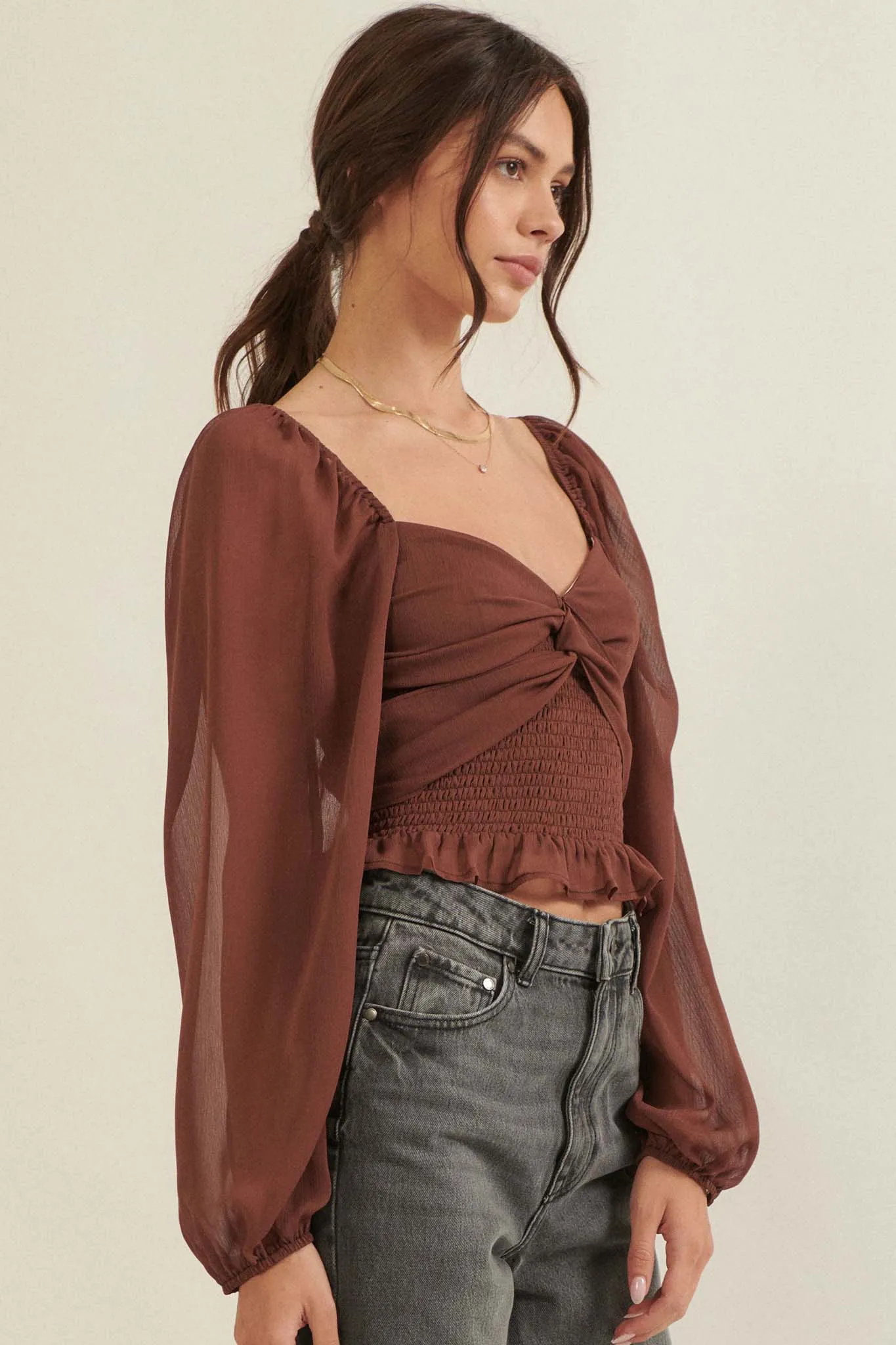 Romance Language Smocked Chiffon Peasant Top