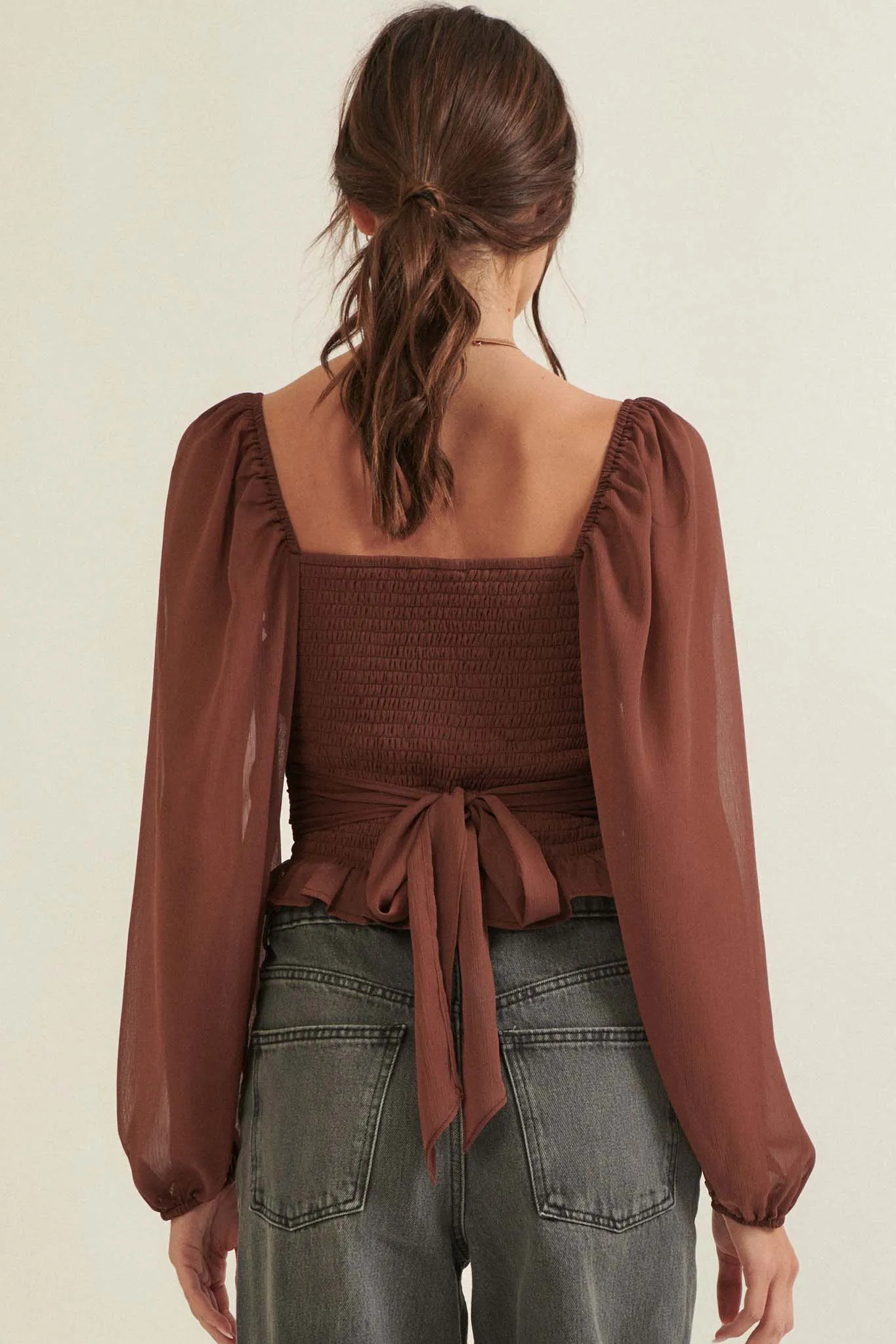 Romance Language Smocked Chiffon Peasant Top