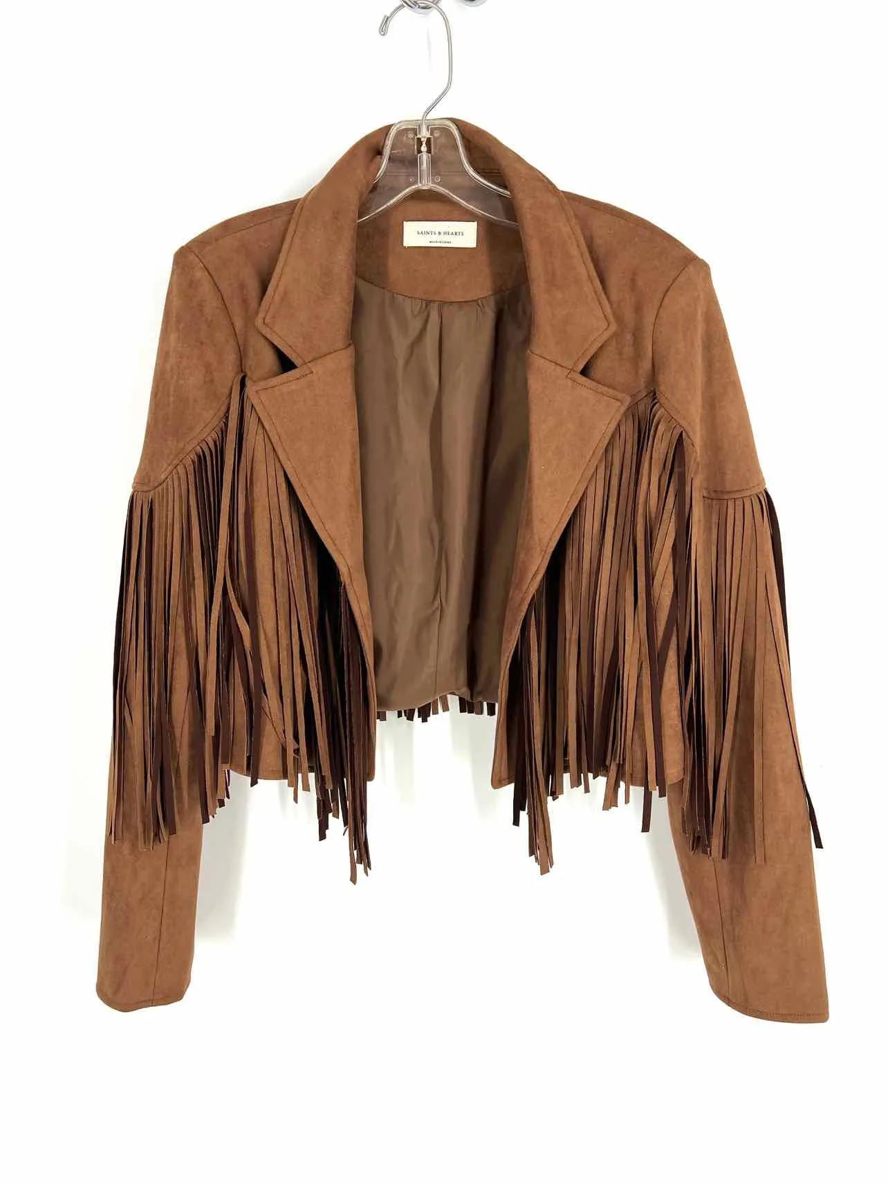 Saints & Hearts Size M Brown Fringe Faux Suede Jackets Jacket