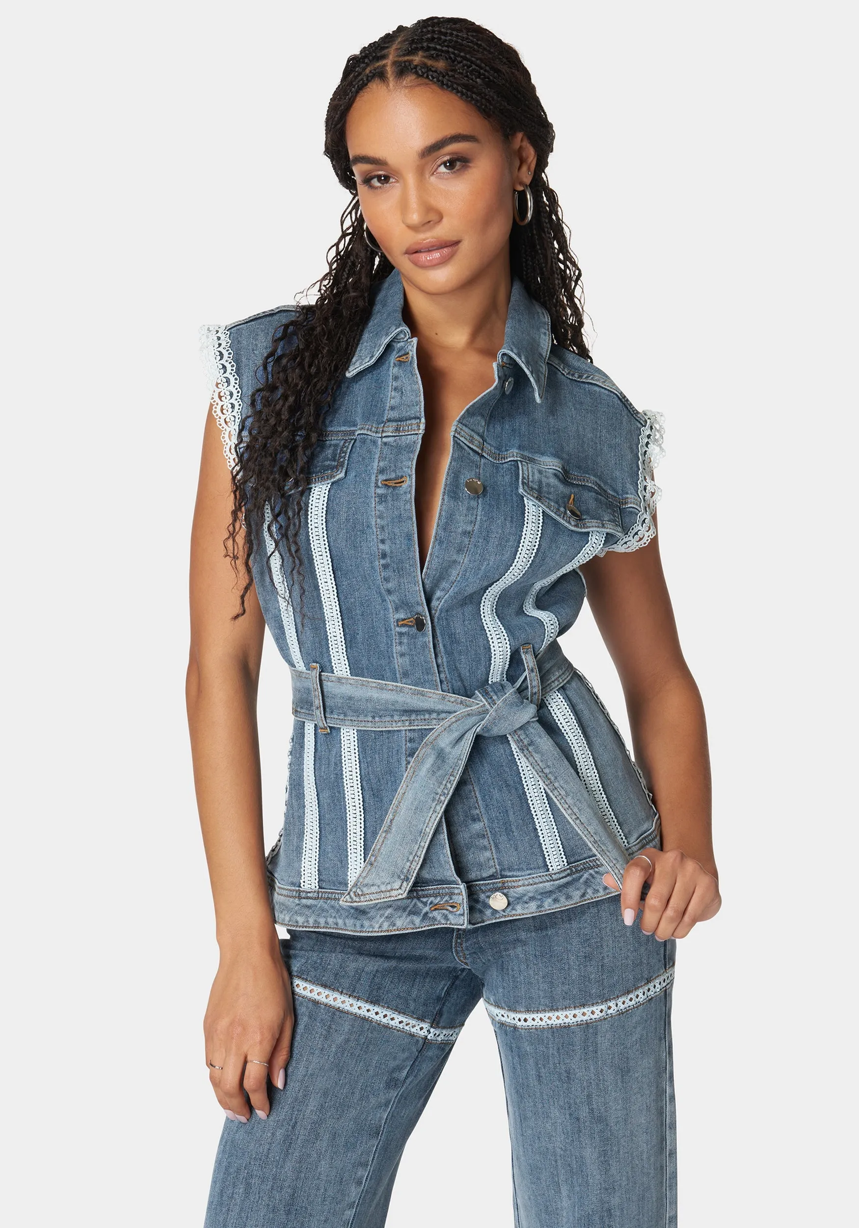 Semi Fitted Lace Applique Denim Vest