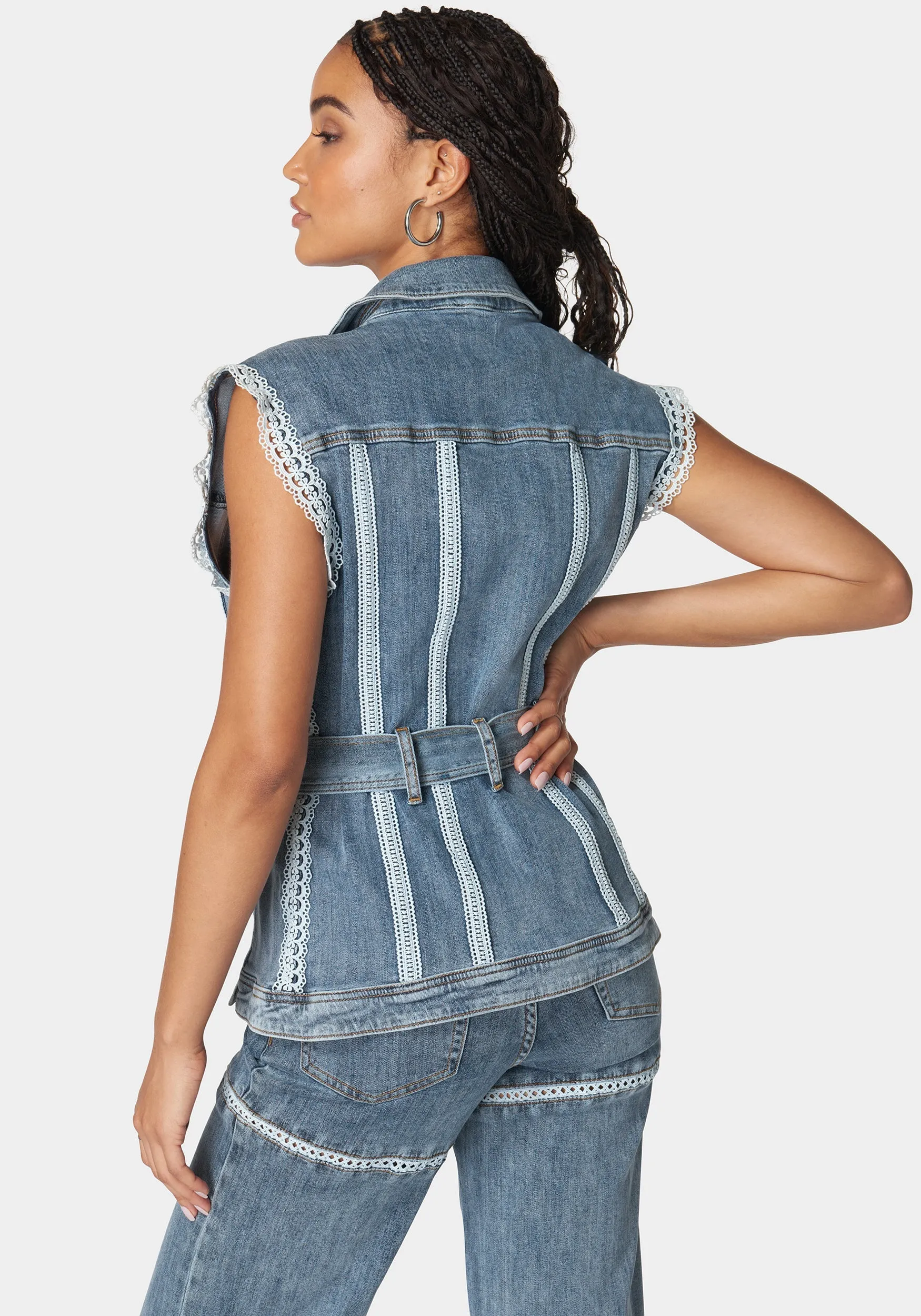 Semi Fitted Lace Applique Denim Vest