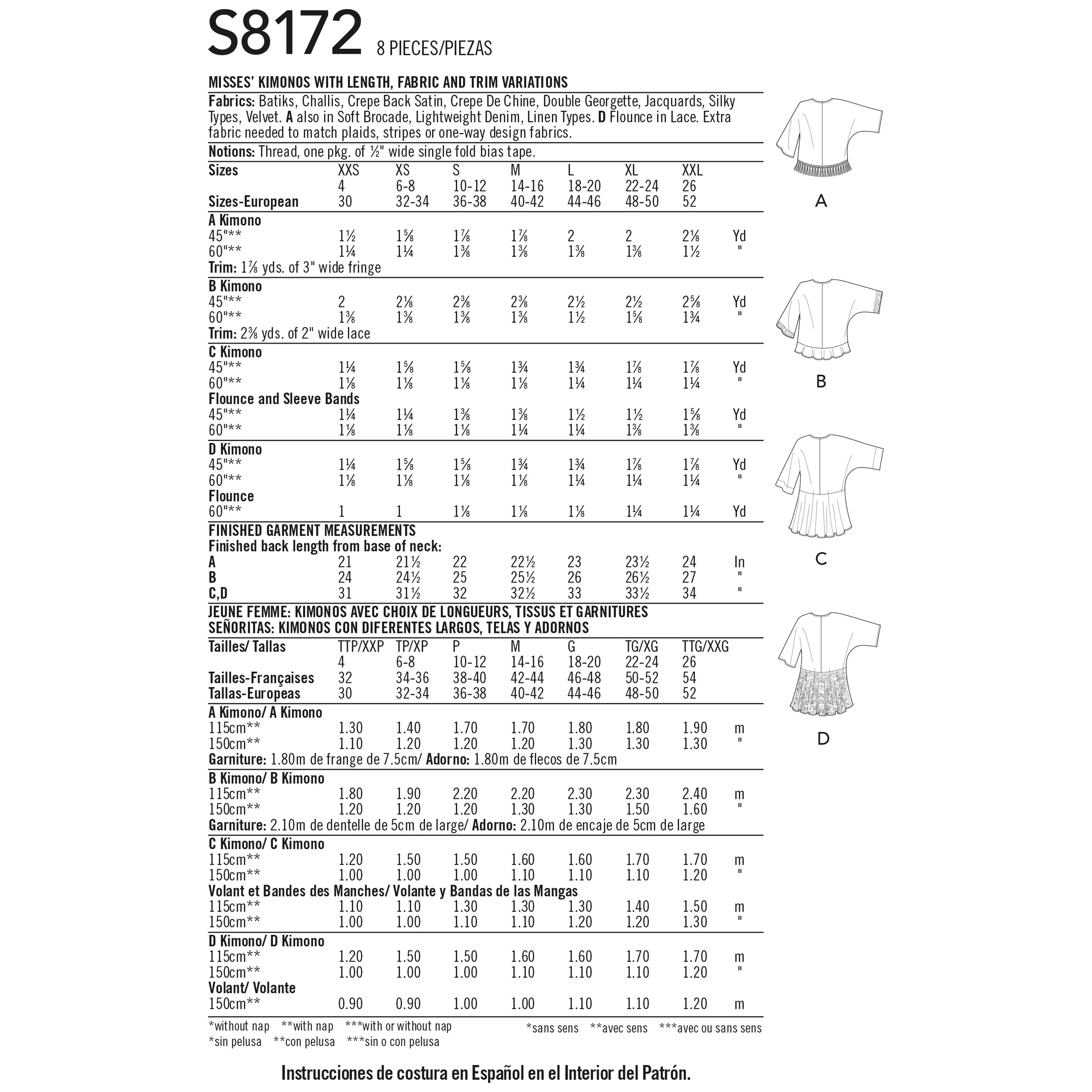 Simplicity Pattern 8172 Misses' Fashion Kimonos with Length, Fabric and Trim Variations