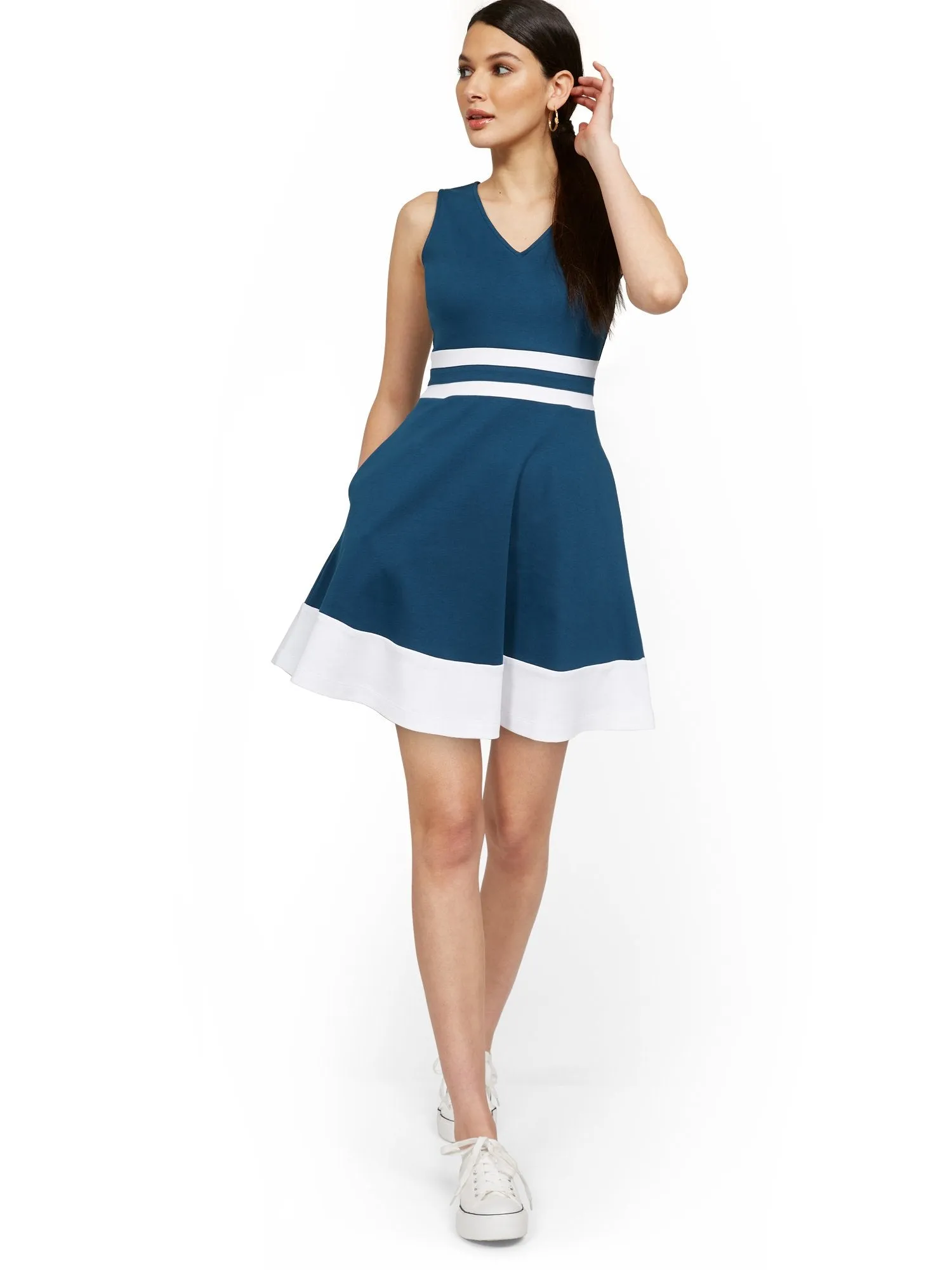 Sleeveless V-Neck Stripe Fit and Flare Dress - City Knits