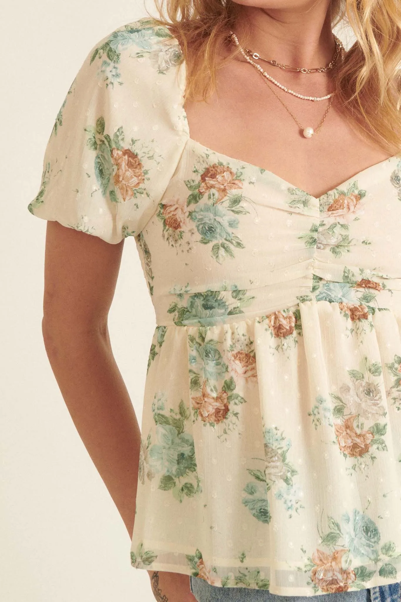 Soft Daydream Floral Swiss Dot Babydoll Top