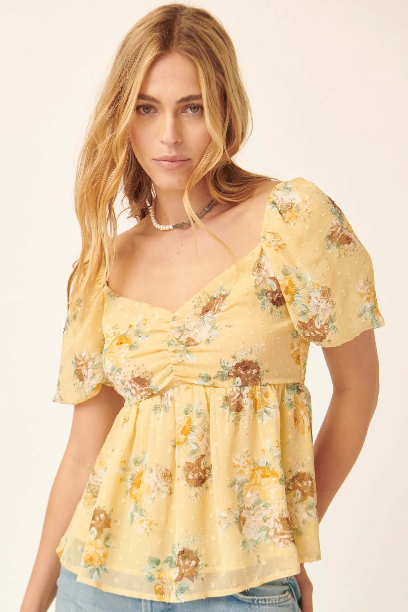 Soft Daydream Floral Swiss Dot Babydoll Top