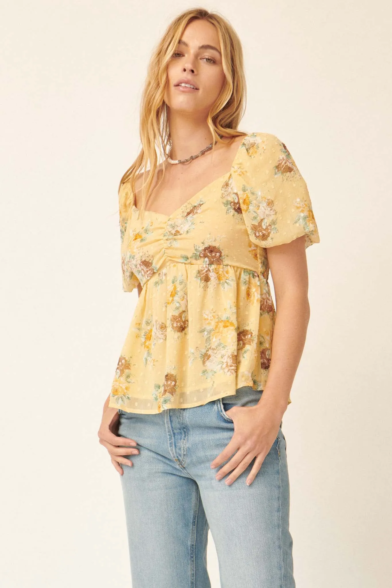 Soft Daydream Floral Swiss Dot Babydoll Top