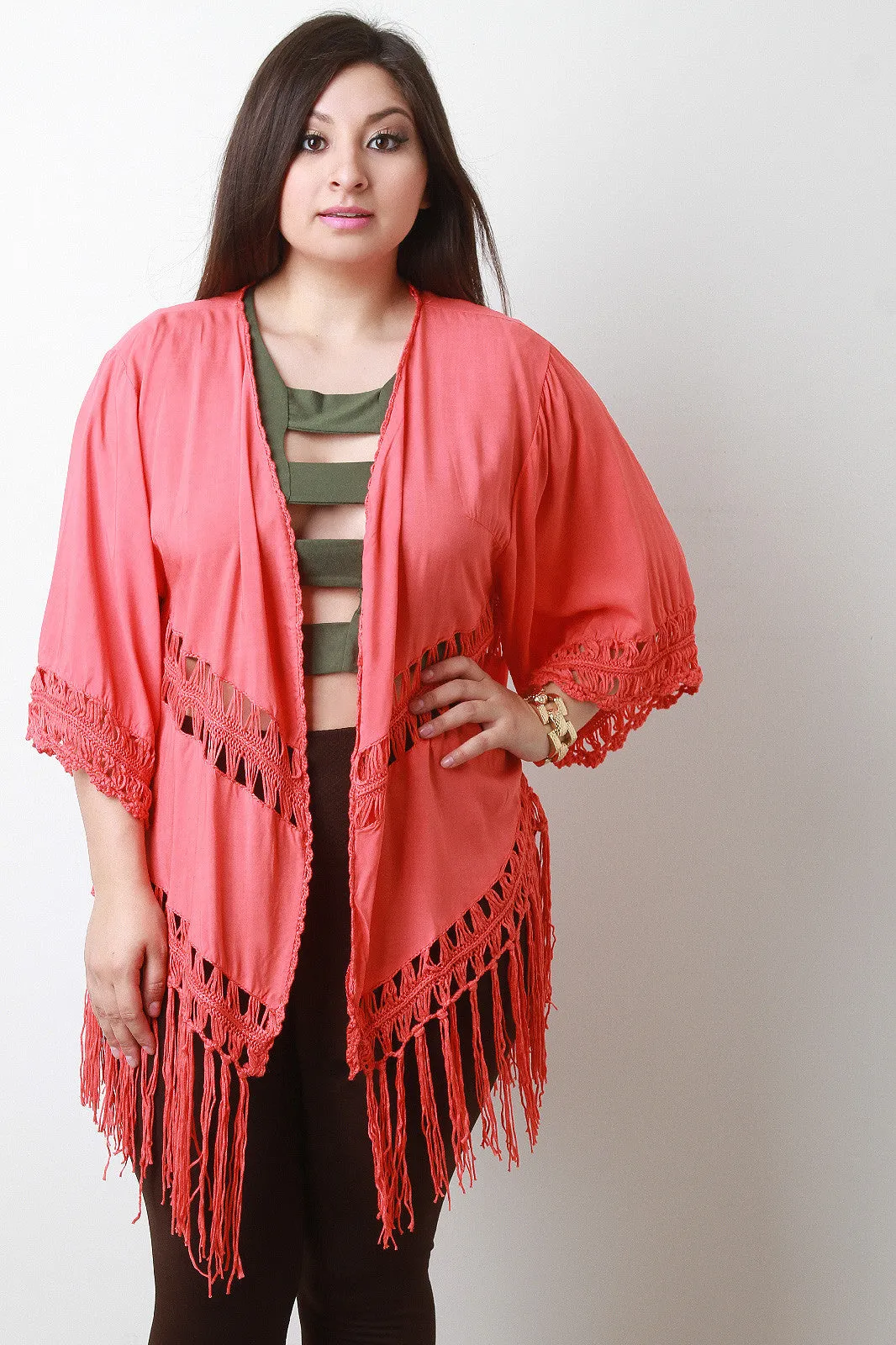 Solid Macrame Knit Fringe Kimono