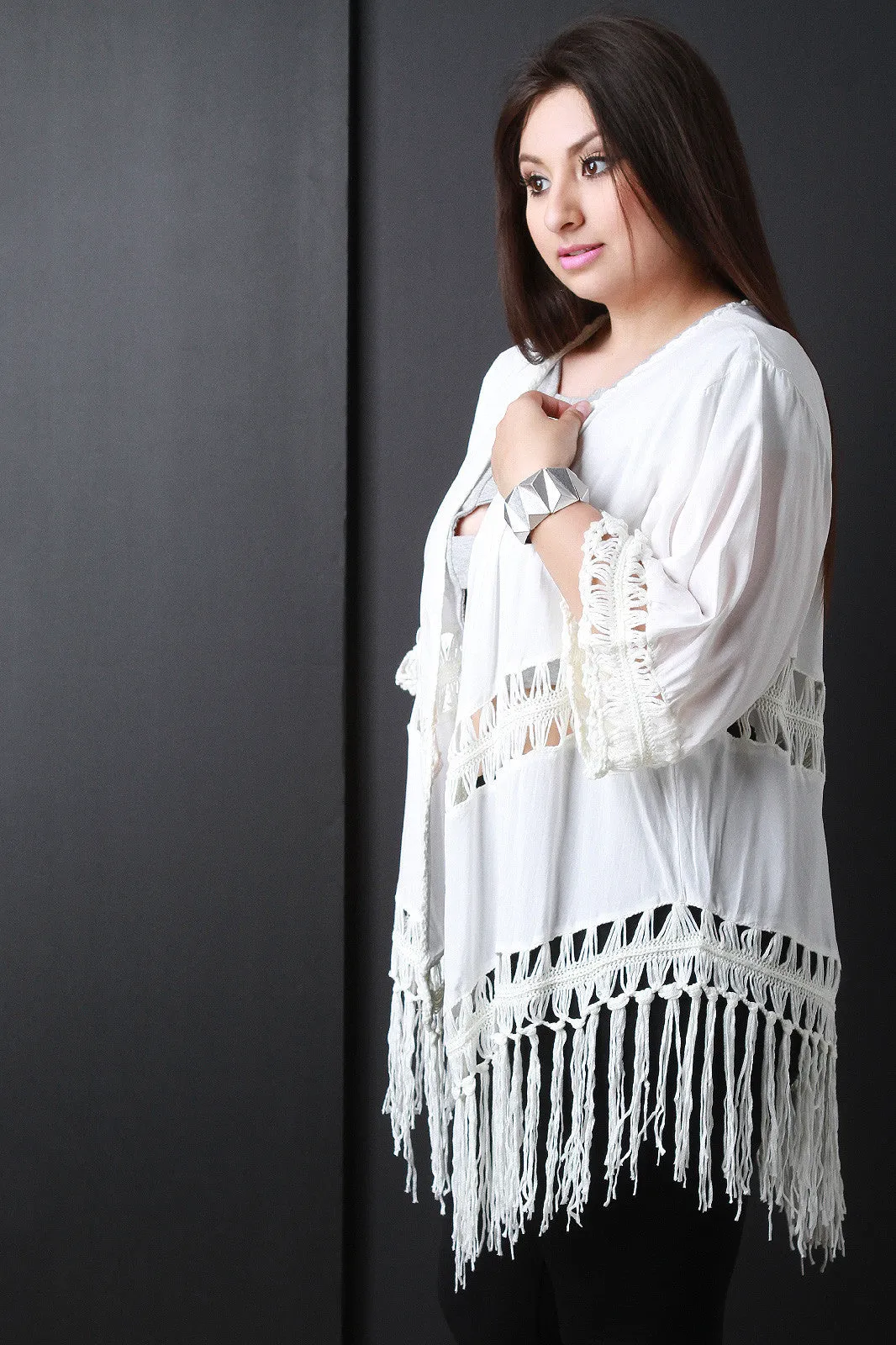 Solid Macrame Knit Fringe Kimono