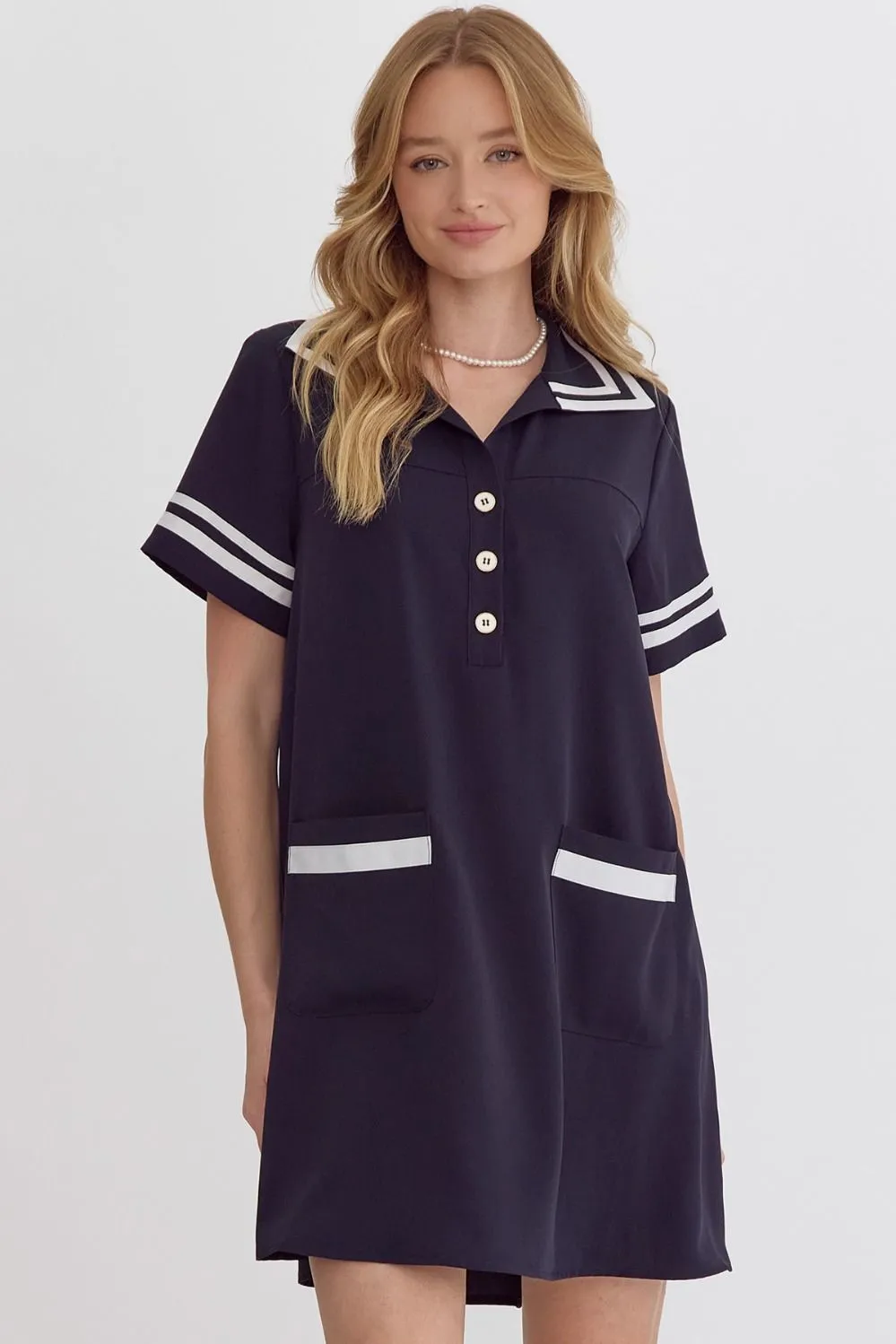 Solid Short Sleeve Collared Mini Dress Featuring Button Up Detail At Front