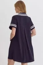 Solid Short Sleeve Collared Mini Dress Featuring Button Up Detail At Front