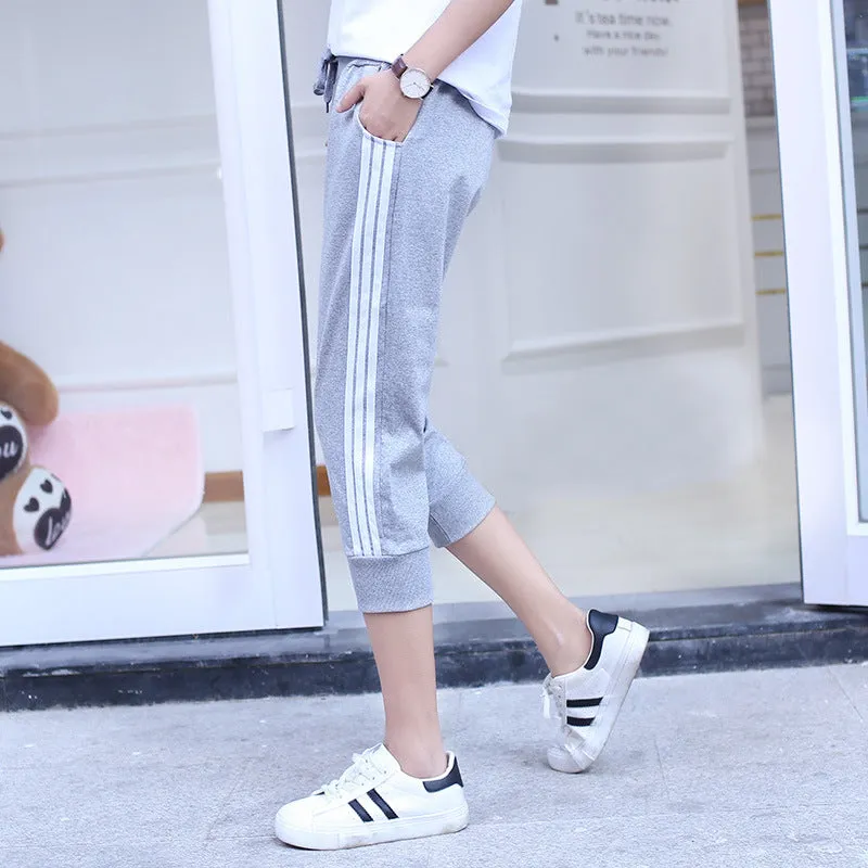 Summer Loose Casual Sporty Women Three Bars Cropped Thin Plus Size Slim-Fit Pants