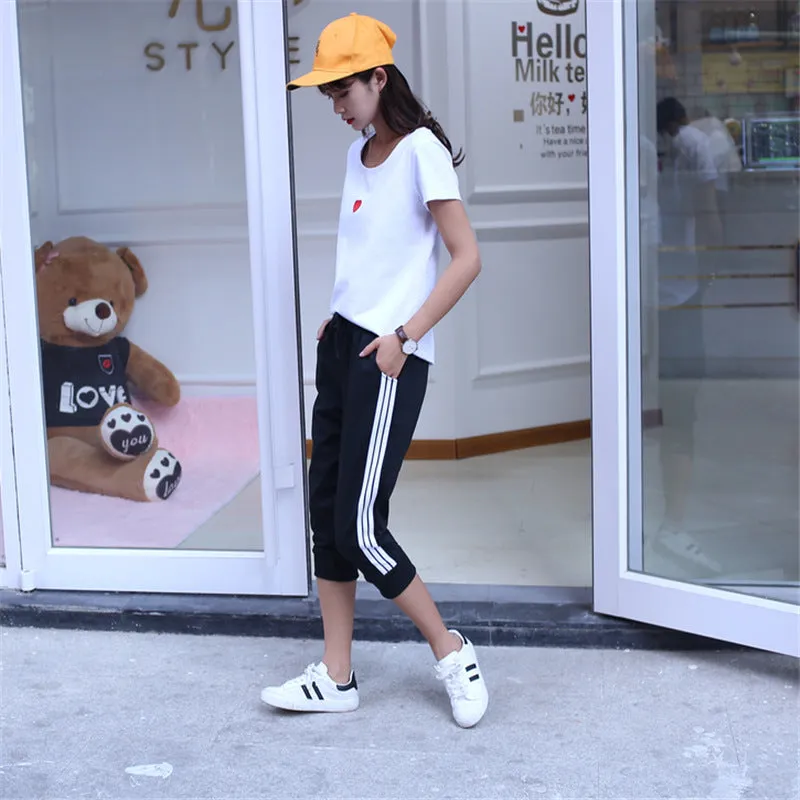 Summer Loose Casual Sporty Women Three Bars Cropped Thin Plus Size Slim-Fit Pants