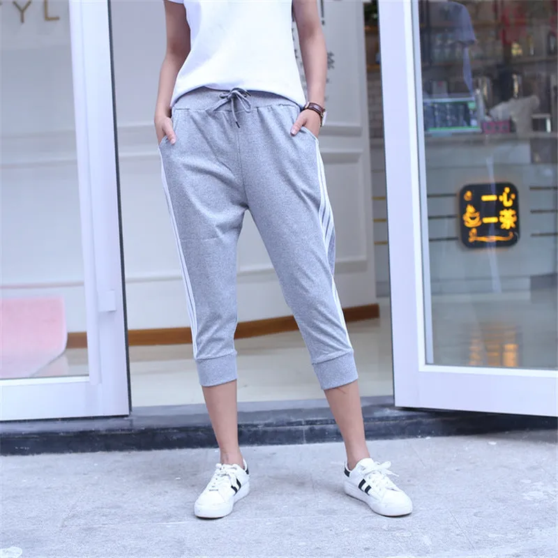 Summer Loose Casual Sporty Women Three Bars Cropped Thin Plus Size Slim-Fit Pants