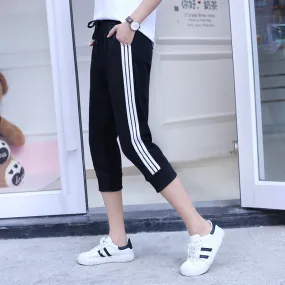 Summer Loose Casual Sporty Women Three Bars Cropped Thin Plus Size Slim-Fit Pants