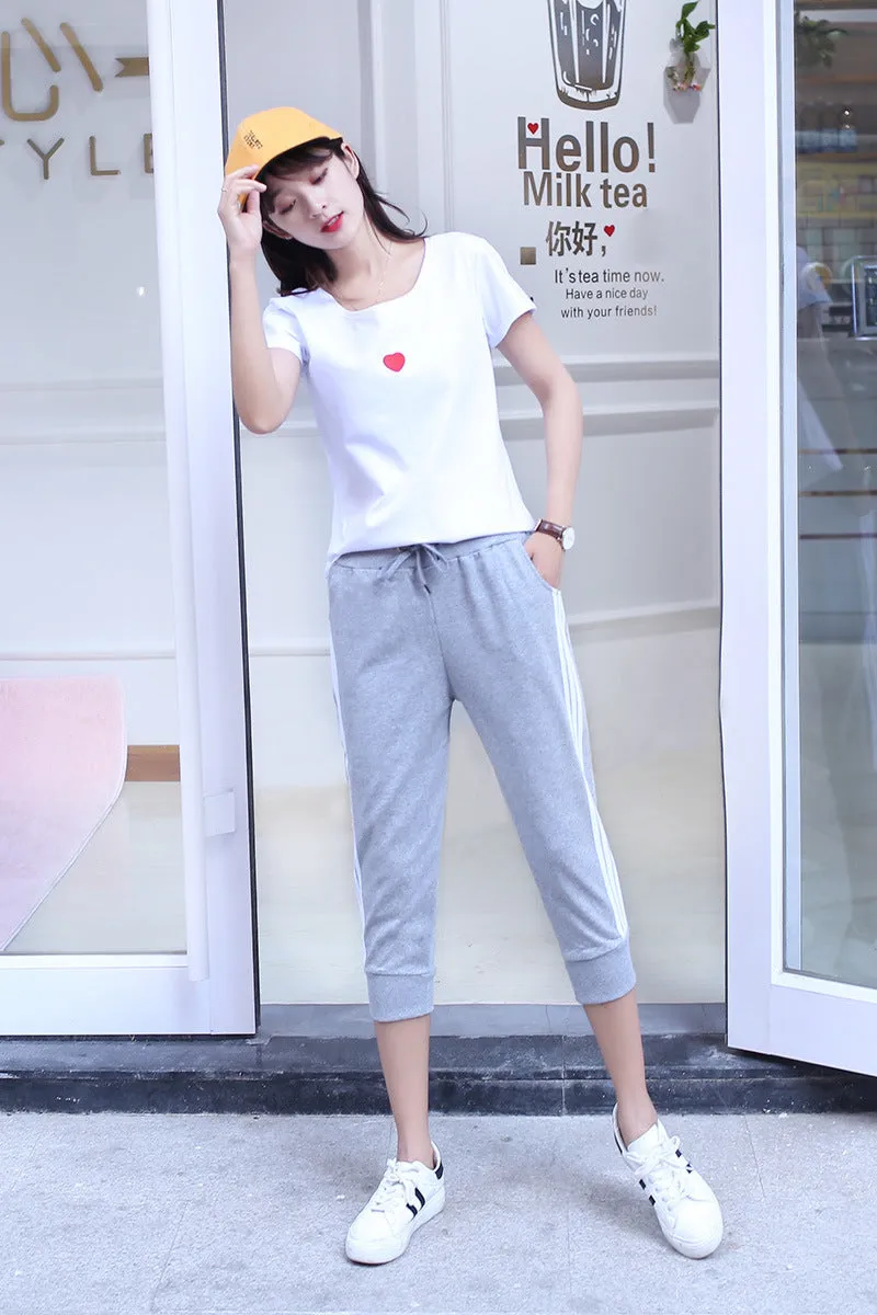 Summer Loose Casual Sporty Women Three Bars Cropped Thin Plus Size Slim-Fit Pants