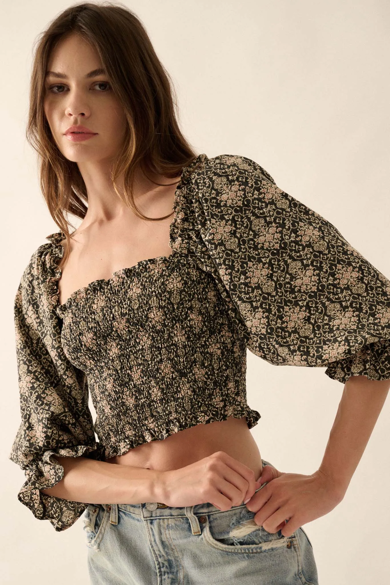 Timeless Beauty Ornate Floral Cropped Peasant Top