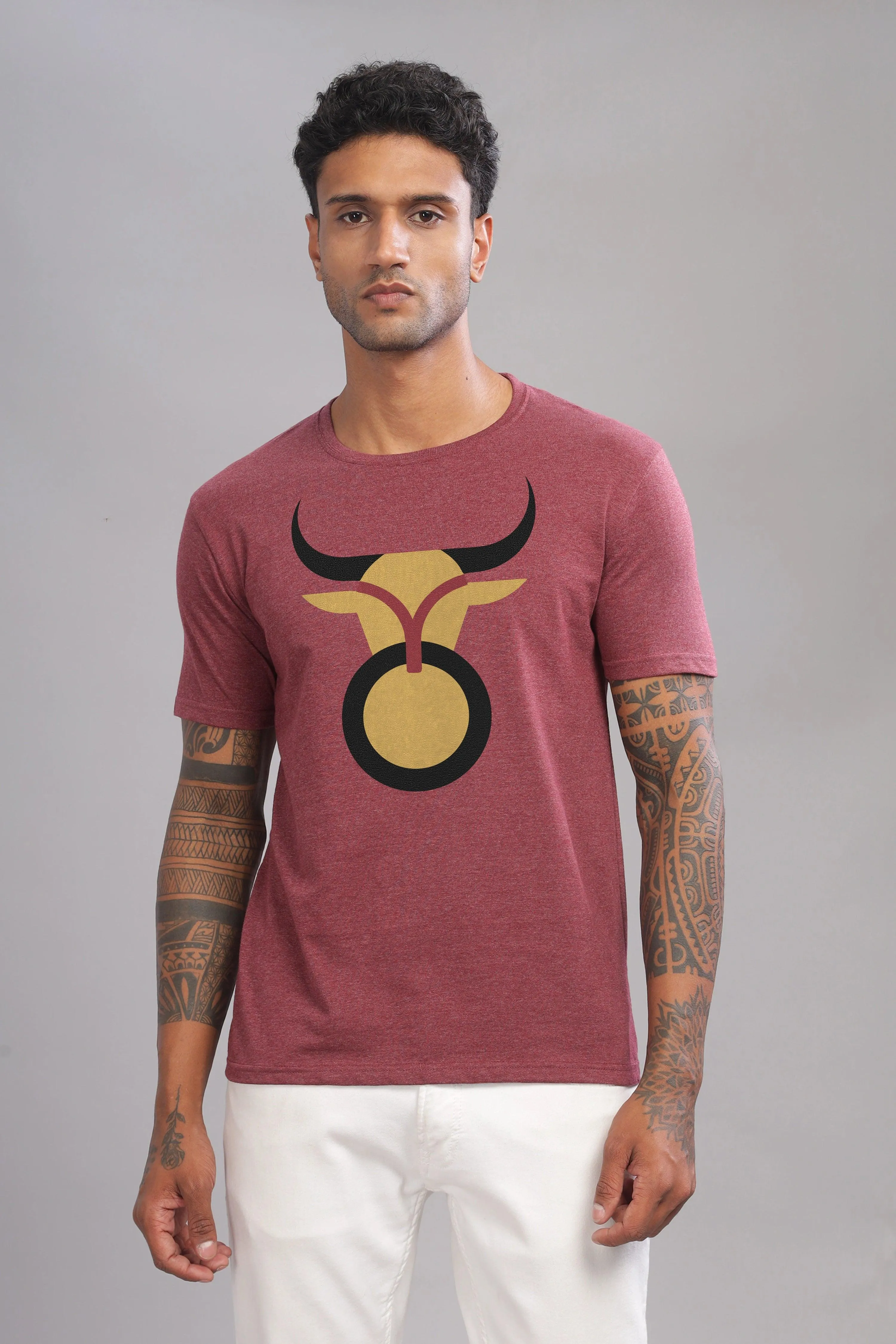 Trendy Taurus Maroon Half Sleeve Printed Round Neck T-Shirt