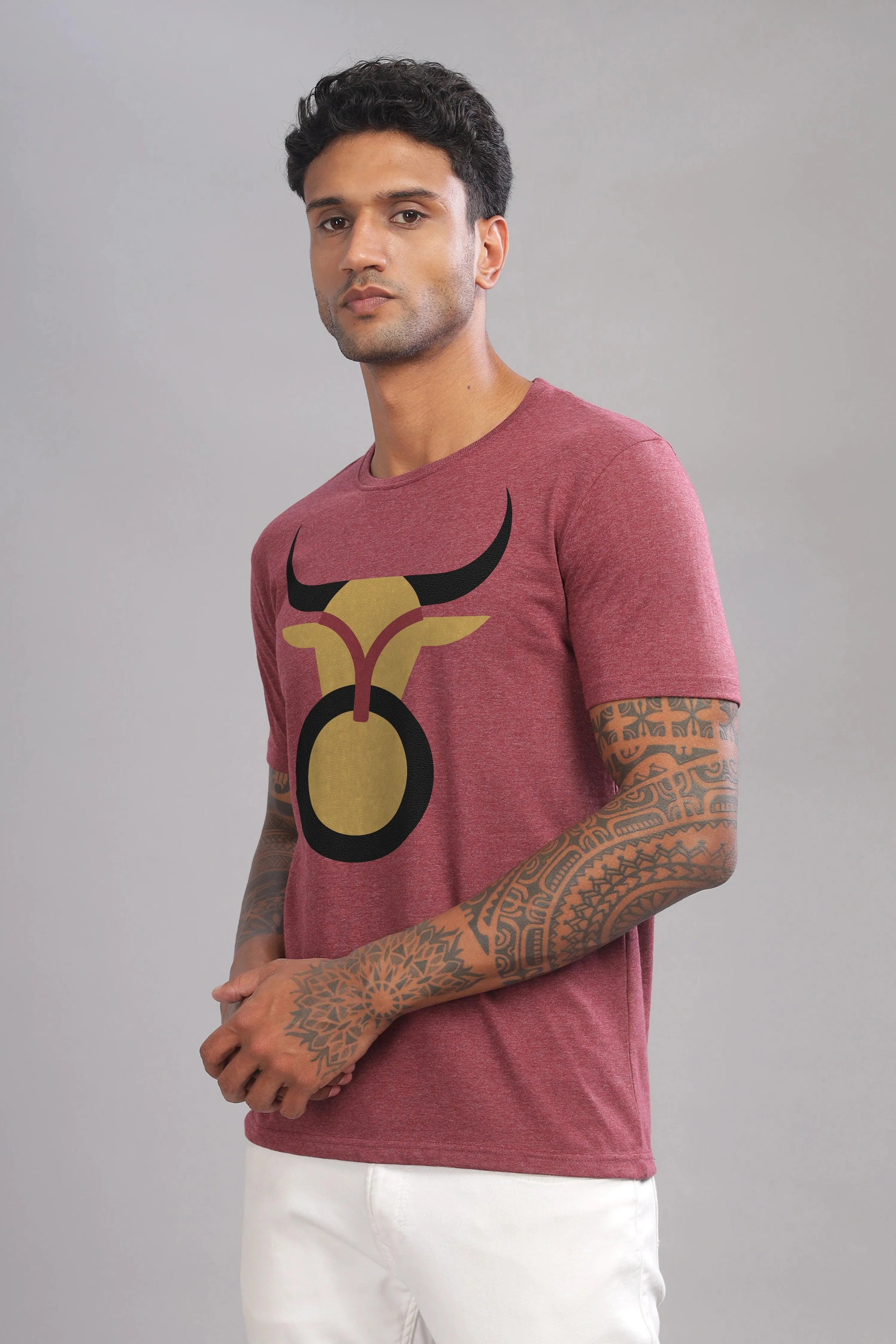 Trendy Taurus Maroon Half Sleeve Printed Round Neck T-Shirt