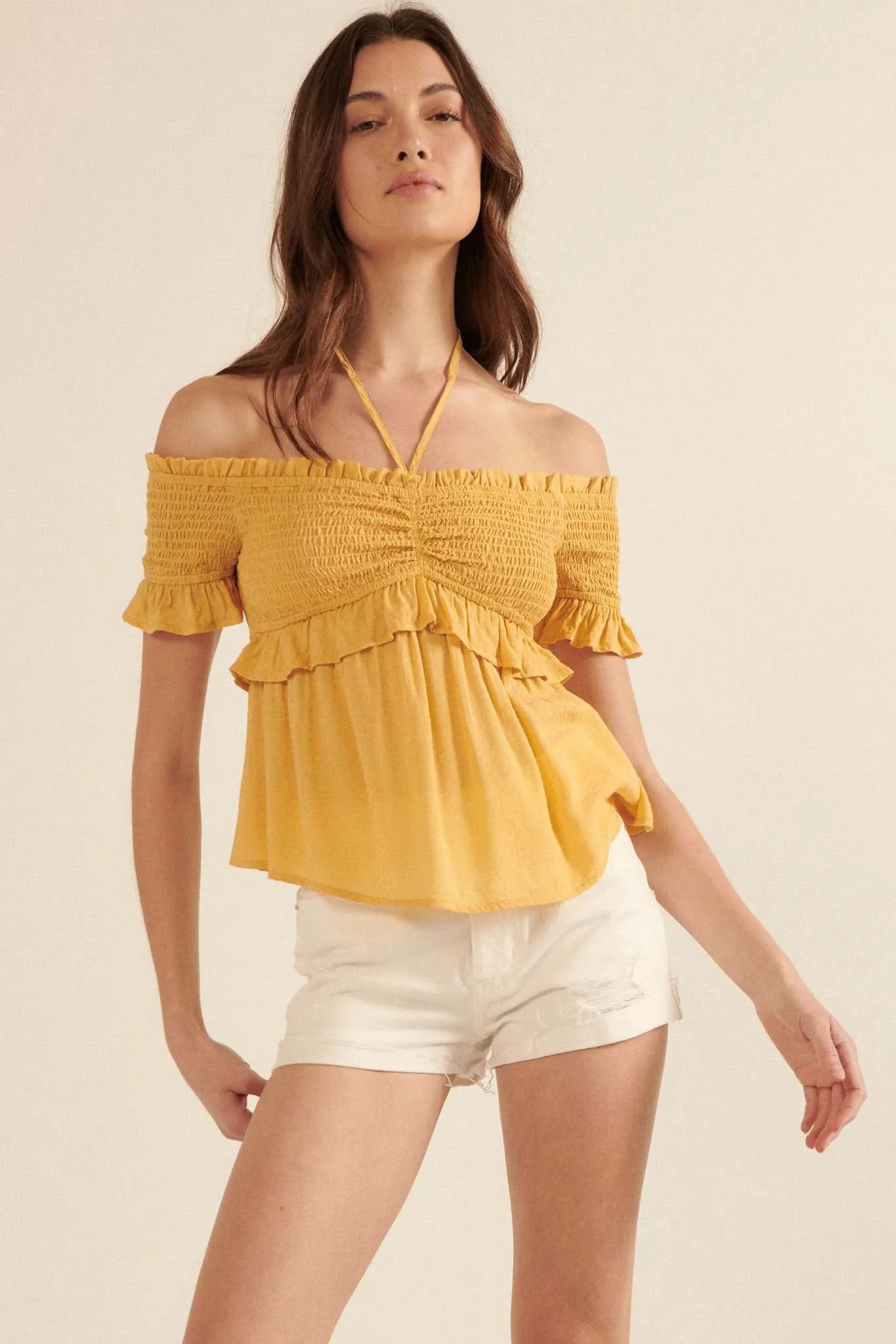 True Devotion Smocked Off-Shoulder Babydoll Top