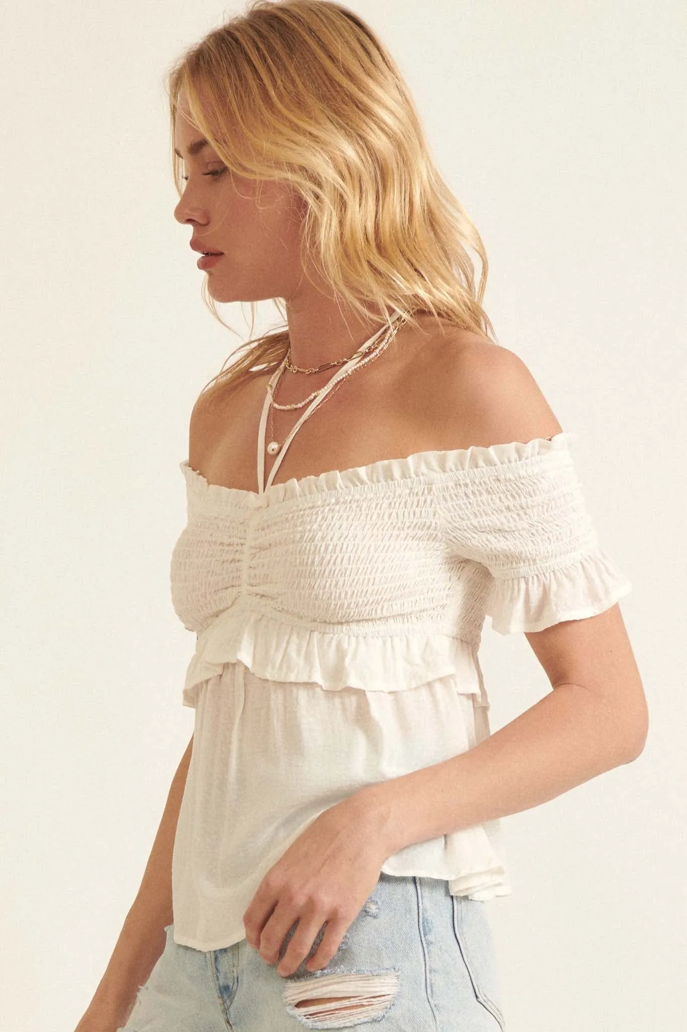 True Devotion Smocked Off-Shoulder Babydoll Top