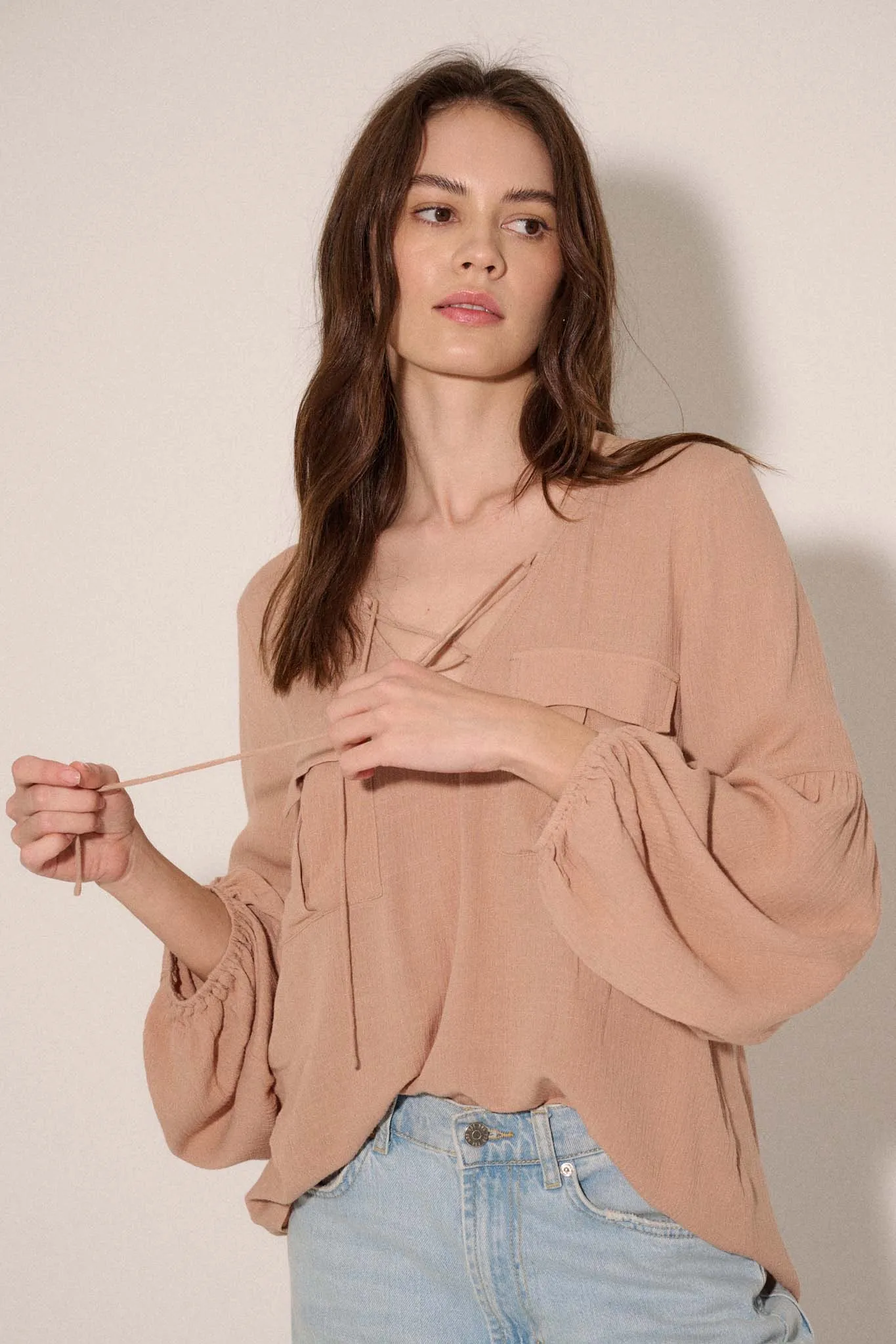 True Nature Balloon-Sleeve Pocket Peasant Top